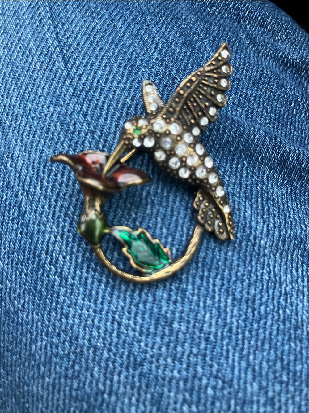 1928 Hummingbird Brooch with Green and Red Enamel and Clear Rhinestones